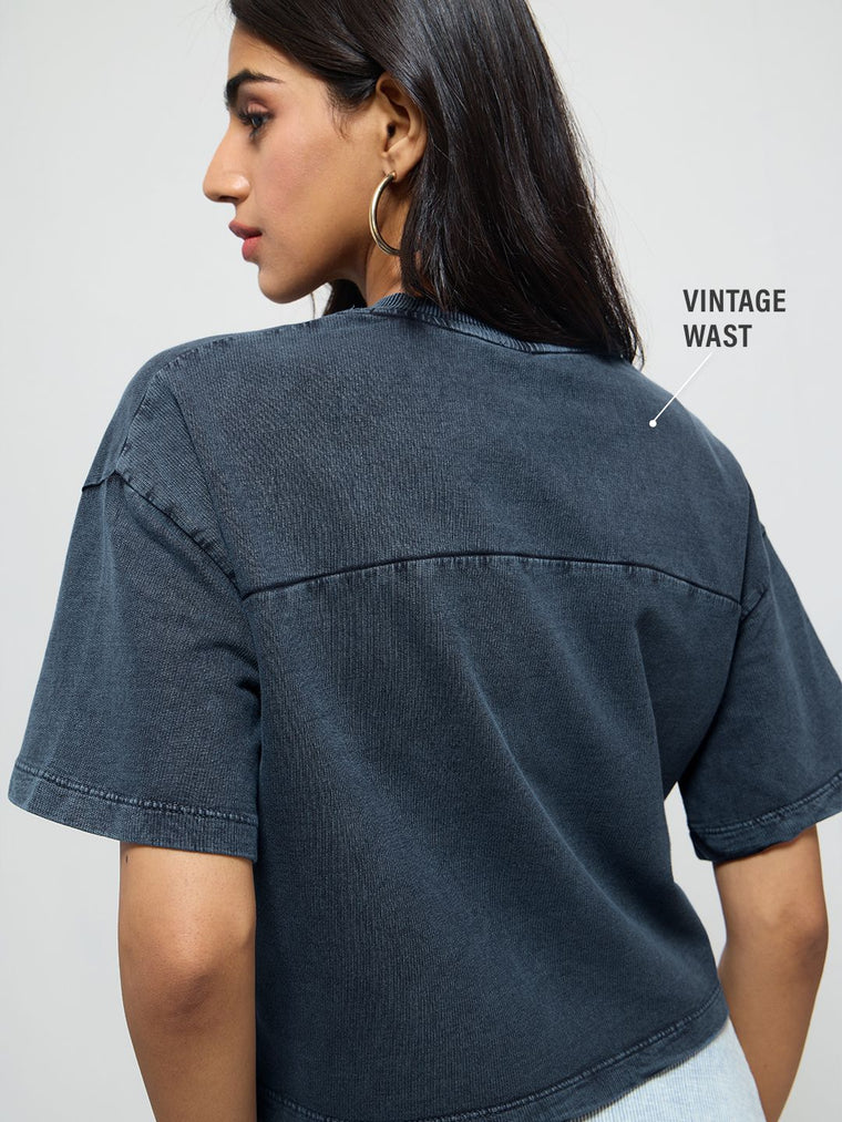 Acid Wash Tee: Blue Women Oversized Cropped T-Shirts