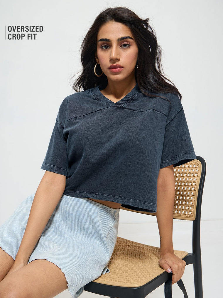 Acid Wash Tee: Blue Women Oversized Cropped T-Shirts
