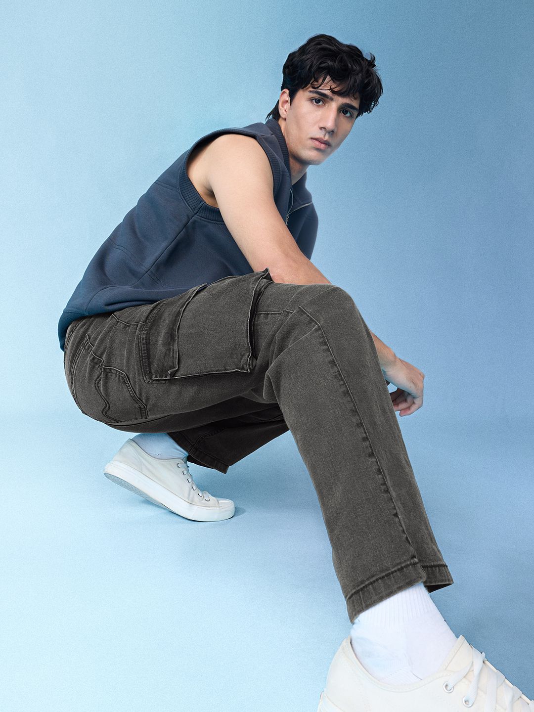 Solids: Fog Stone (Straight Fit) Men Cargo Jeans