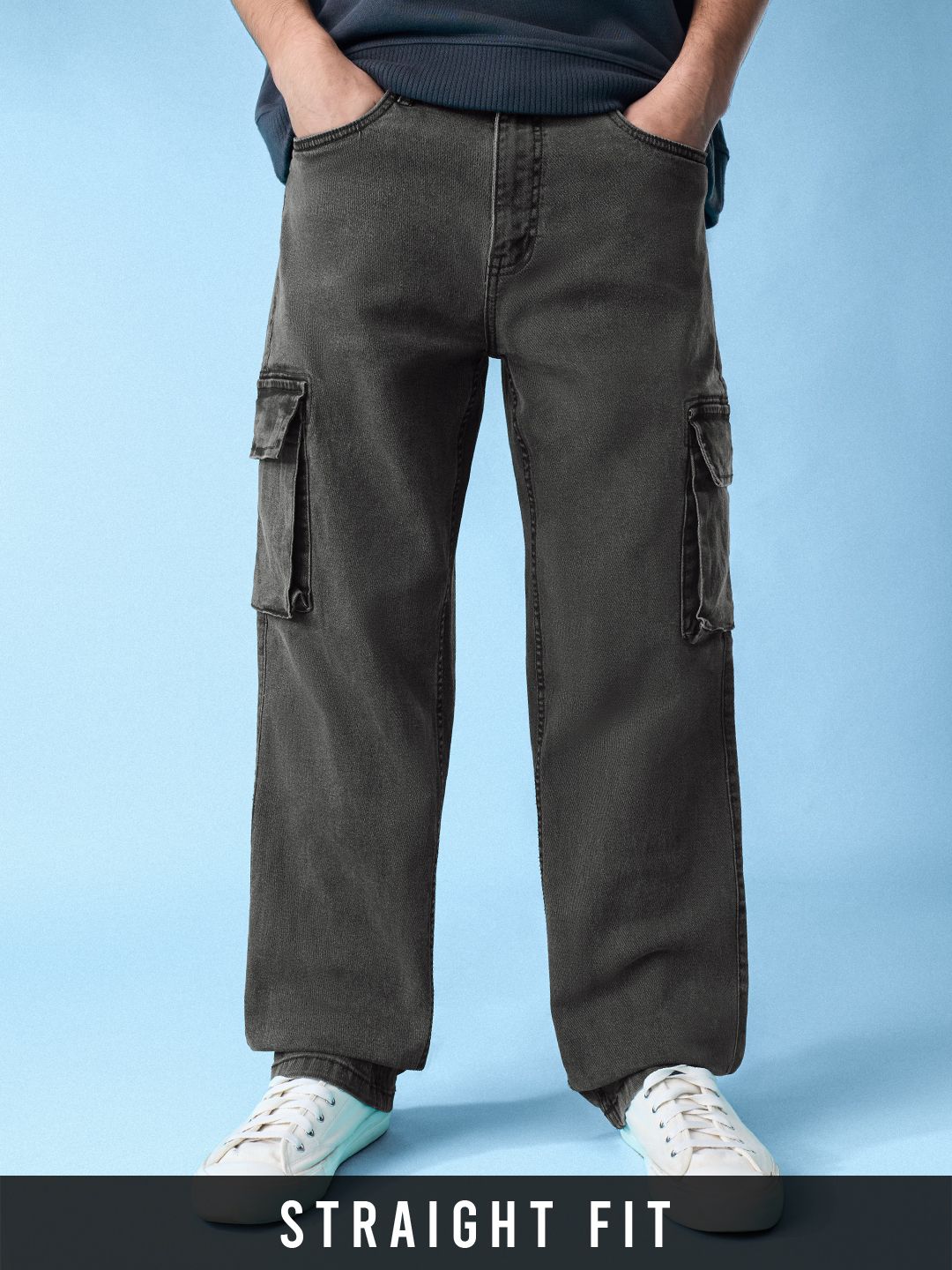 Solids: Fog Stone (Straight Fit) Men Cargo Jeans