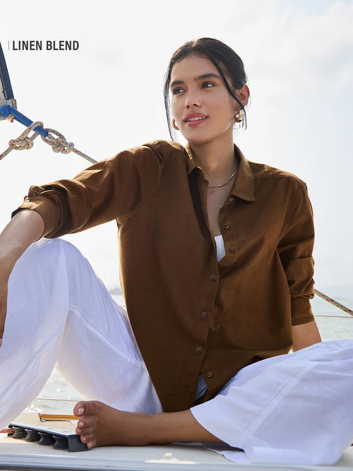 Cotton Linen Shirt: Chestnut Women Relaxed Shirts