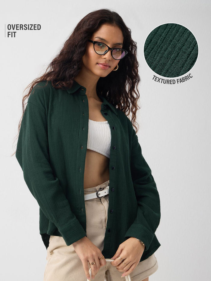 Oversized Solids: Emerald Green Women Oversized Shirts