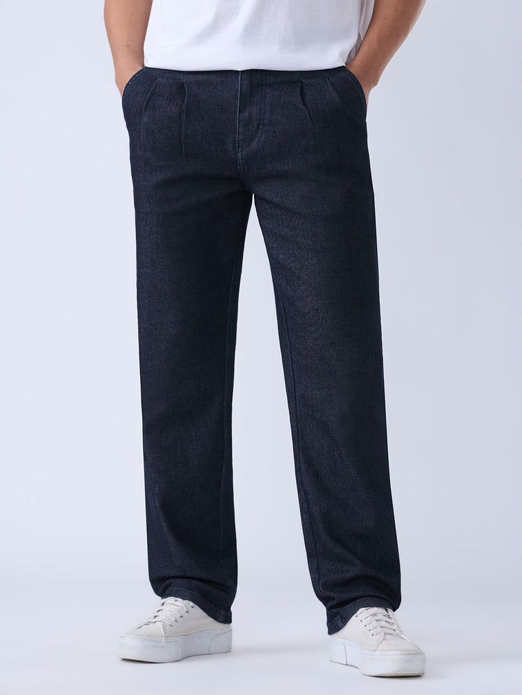 Pleated Denim: Indigo Men Straight Fit Jeans