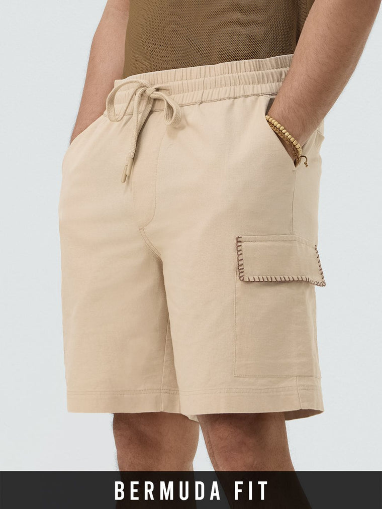 Cotton Linen Utility: Sand Dune Men Bermuda Shorts