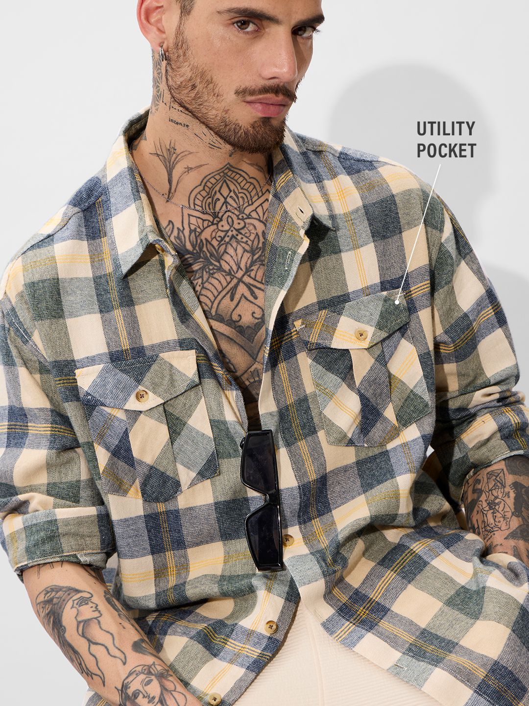 Plaid: Blue, Green, and Yellow Men Utility Shirts