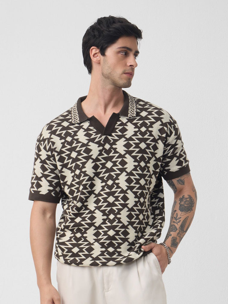 Jacquard Polo: Brown Oversized Polos