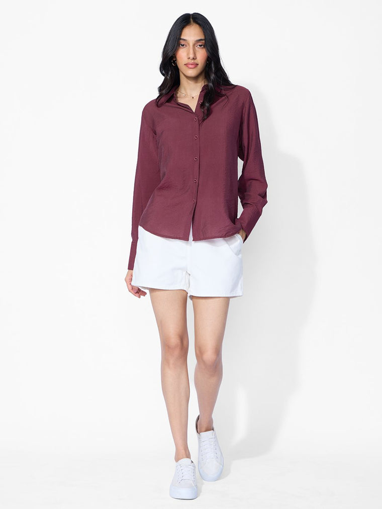 Back Tie Up Shirt: Claret Women Regular Shirts