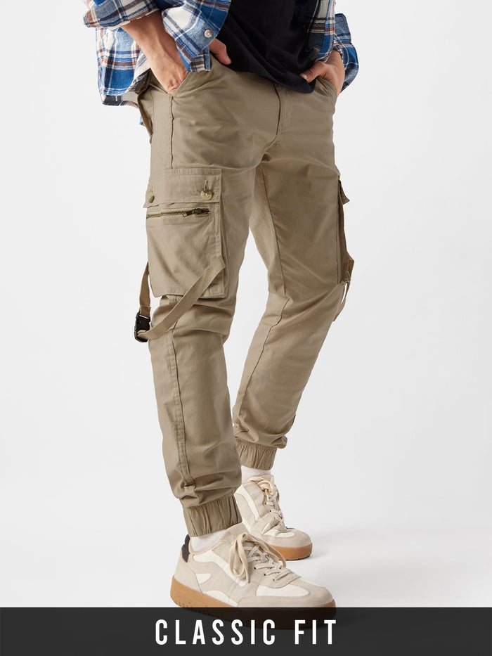 Solids: Beige Men Cargo Joggers