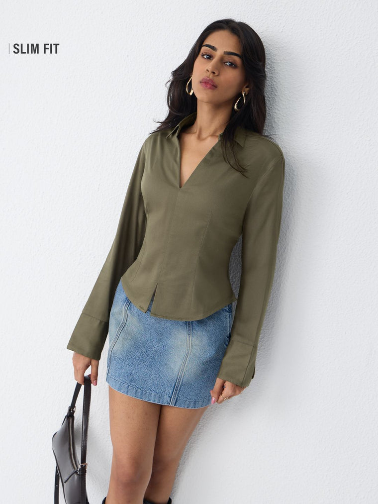 Corset Shirt: Olive Women Fitted Shirts