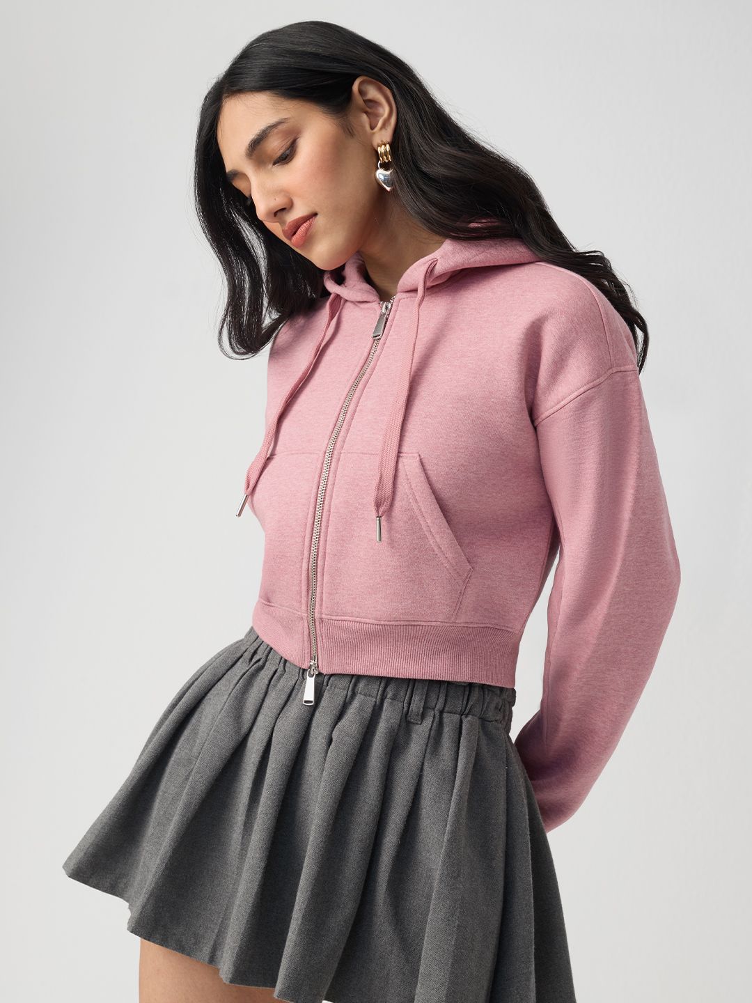 Two-way Zipper Hoodie: Heather Women Cropped Zipper Hoodies