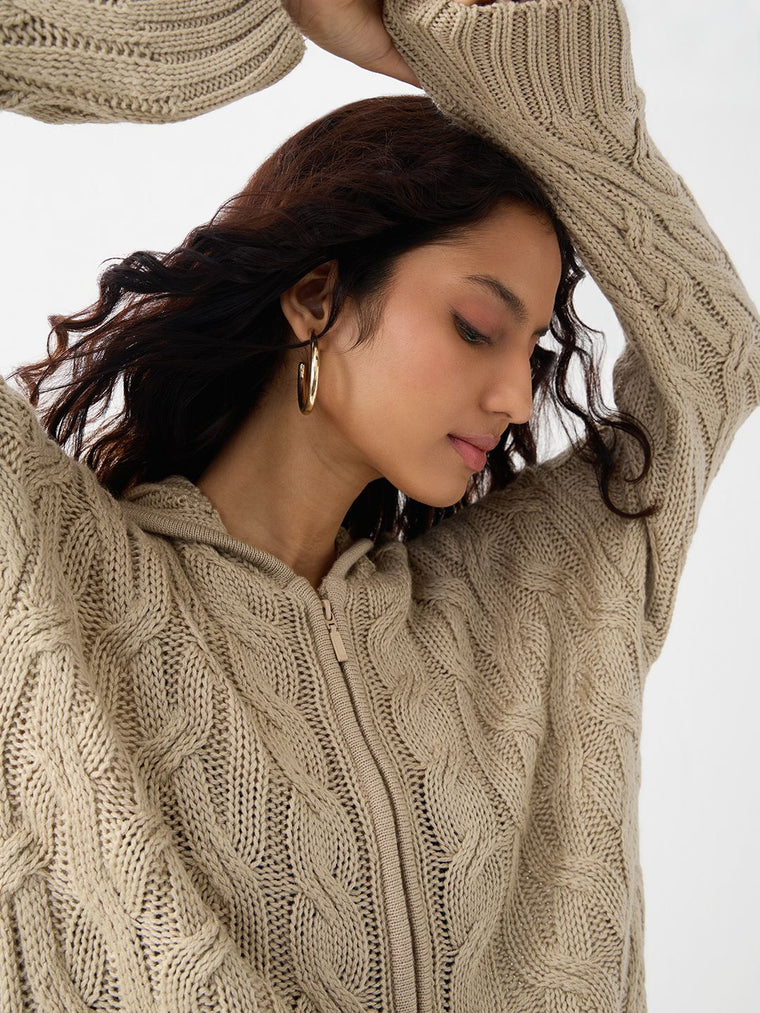 Hooded Sweater: Beige Biscuit Women Super Oversized Sweaters