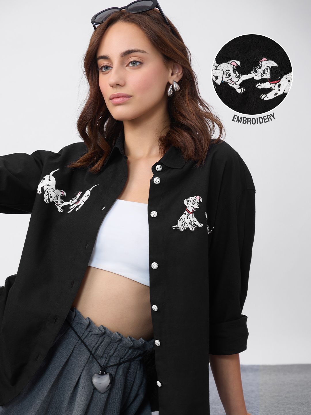 Cotton Linen Shirt: Dalmatian Charm Women Oversized Shirts