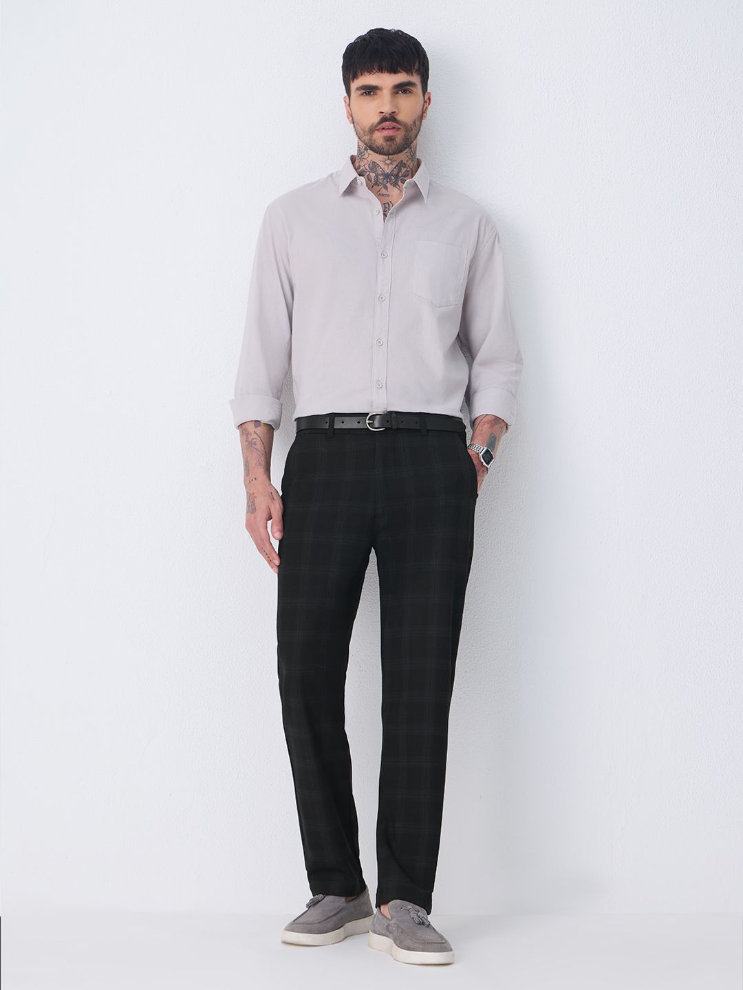 Men's Classic Fit Pants: Black Checks Men Super Flex Pants