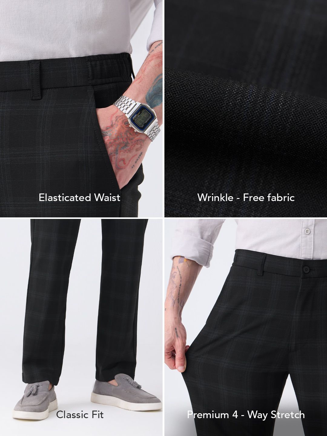 Men's Classic Fit Pants: Black Checks Men Super Flex Pants