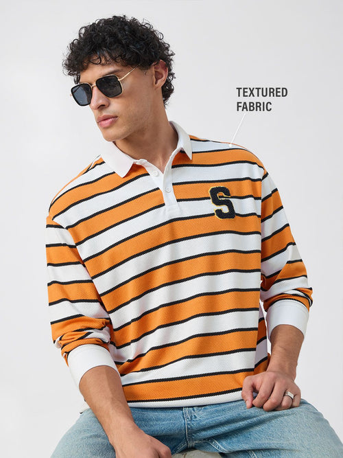 Popcorn Stripes: Varsity Blaze Men Rugby Polos