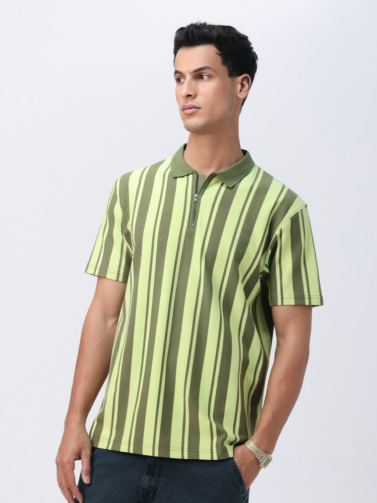 Stripes: Green, Black Zipper Polos
