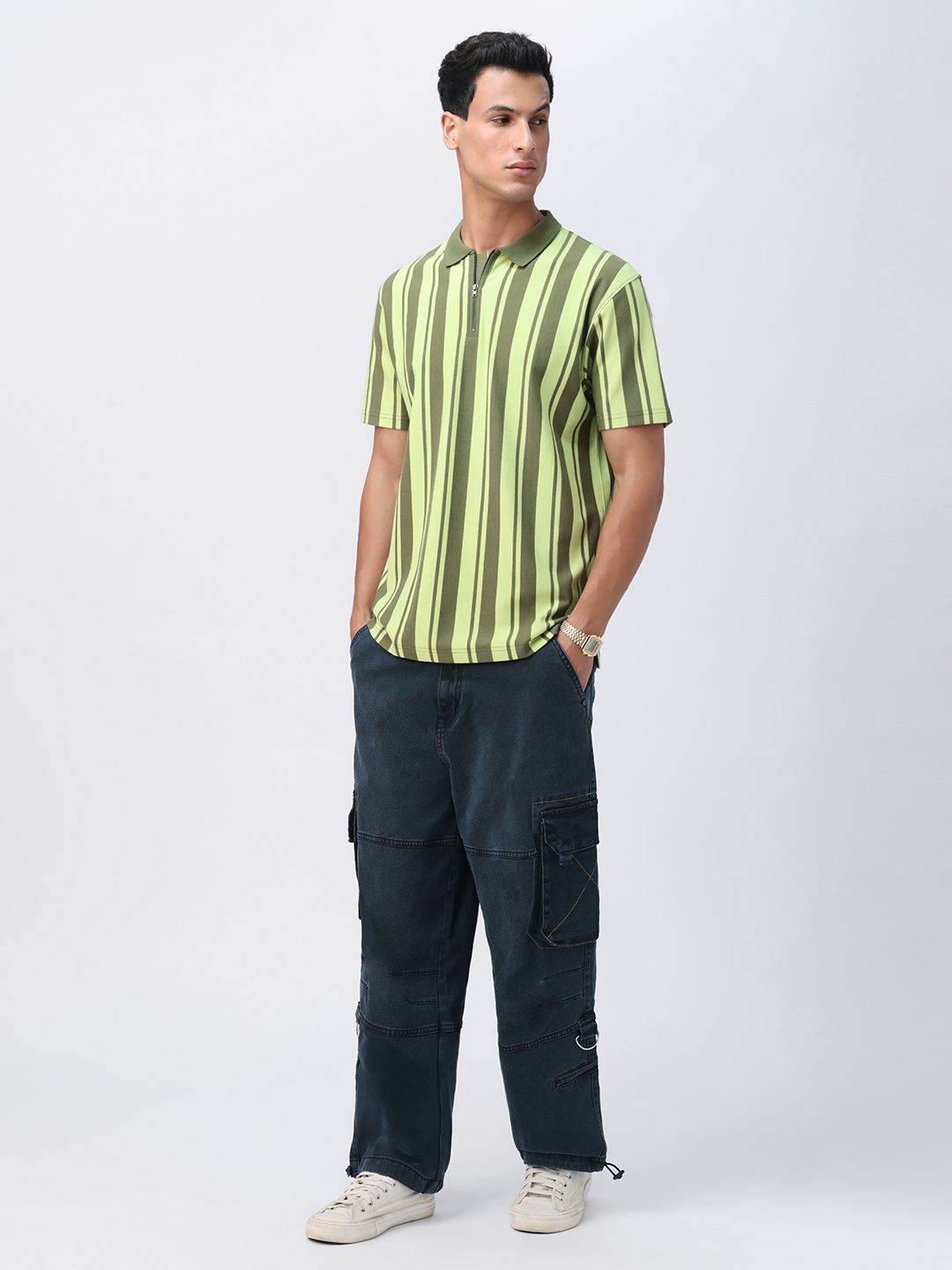 Stripes: Green, Black Zipper Polos