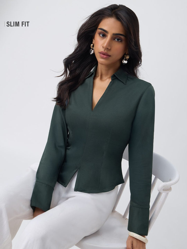 Corset Shirt: Teal Blue Women Fitted Shirts