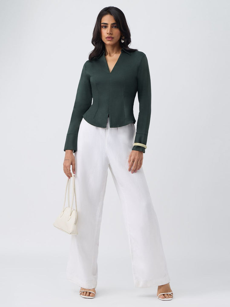 Corset Shirt: Teal Blue Women Fitted Shirts