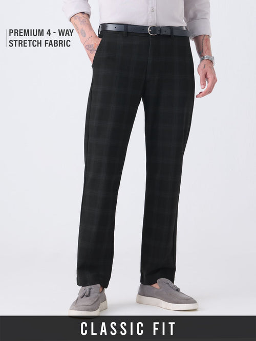 Men's Classic Fit Pants: Black Checks Men Super Flex Pants