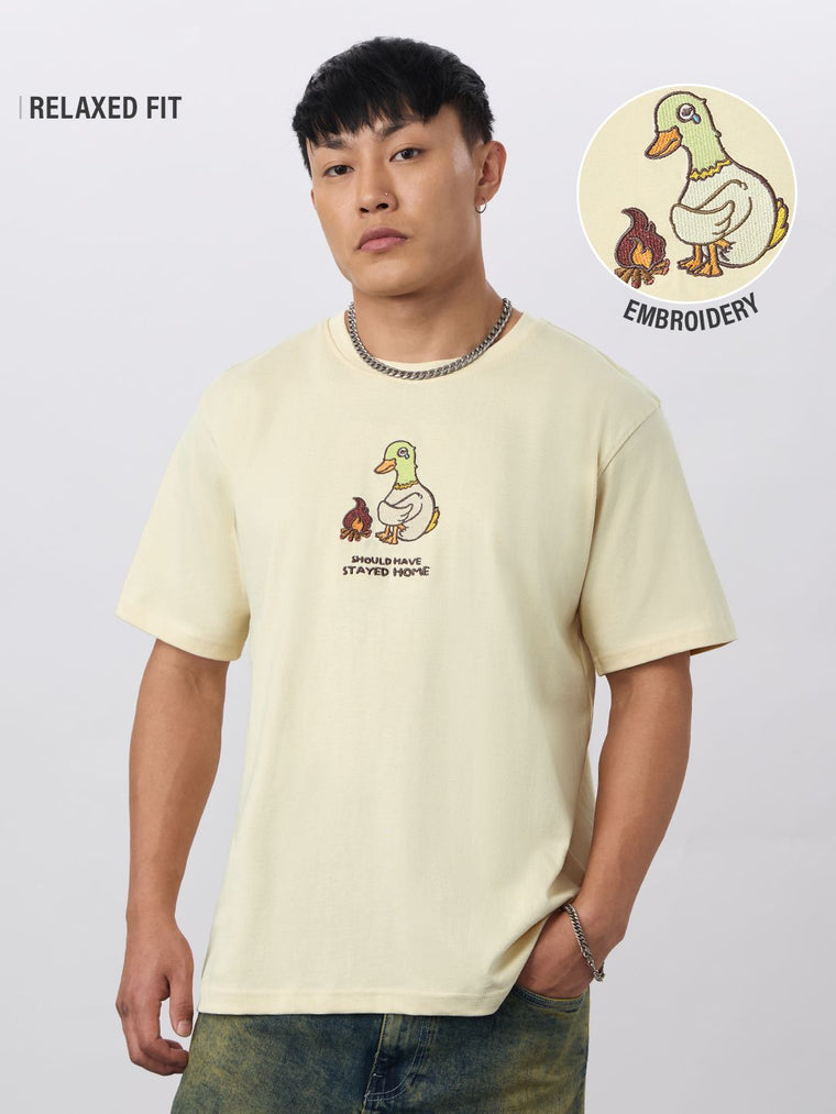 Embroidered T-Shirt: Stay Home Men Relaxed Fit T-Shirts