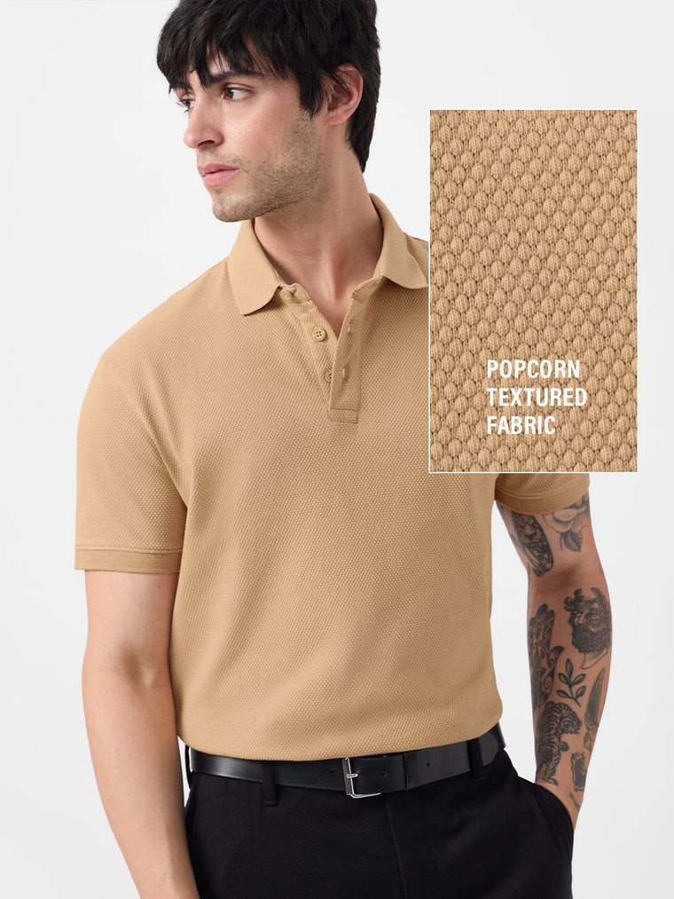 Popcorn: Beige Textured Polos