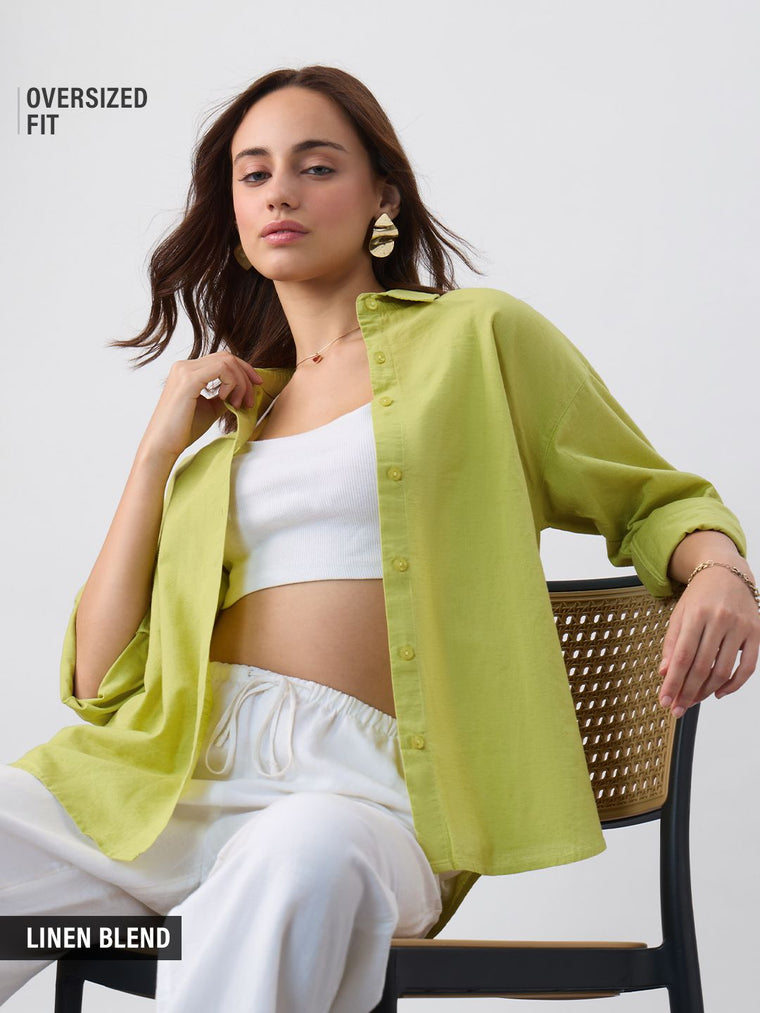 Cotton Linen Shirt: Canary Green Women Oversized Shirts