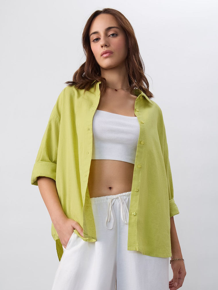 Cotton Linen Shirt: Canary Green Women Oversized Shirts