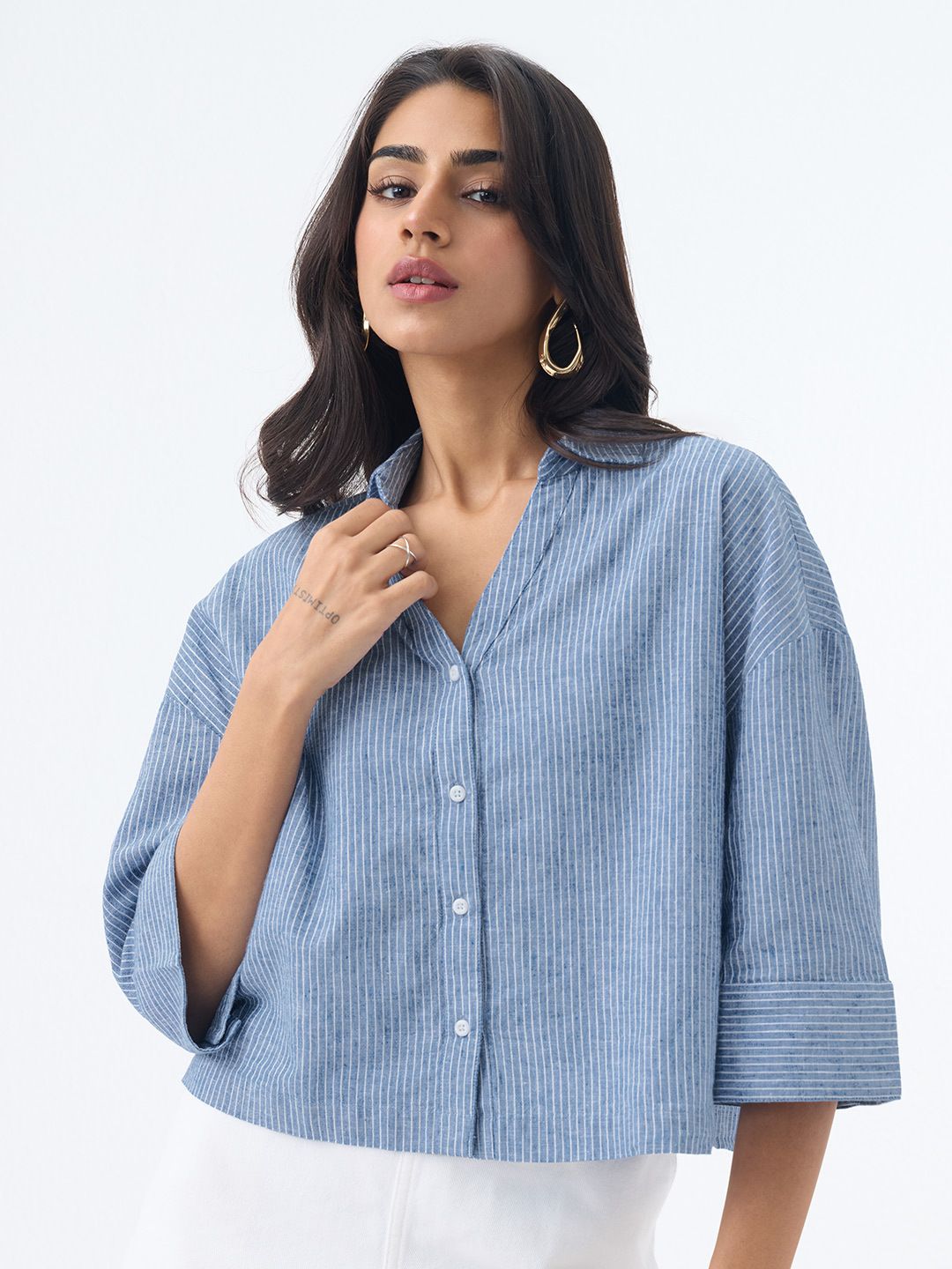 Cotton Linen Shirt: Azure Women Oversized Shirts