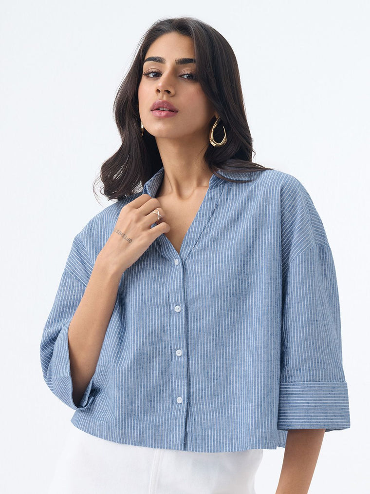 Cotton Linen Shirt: Azure Women Oversized Shirts