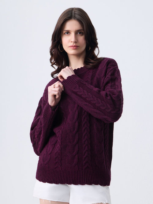 Cable Knit Sweater: Plum Berry Women Oversized Sweaters