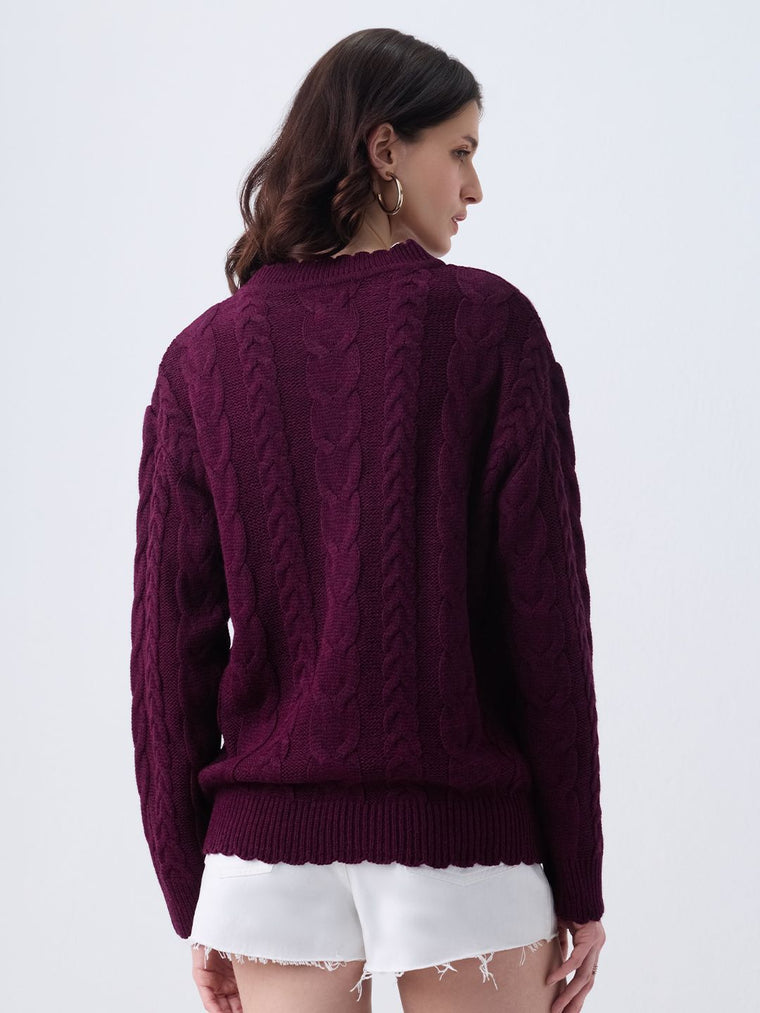 Cable Knit Sweater: Plum Berry Women Oversized Sweaters