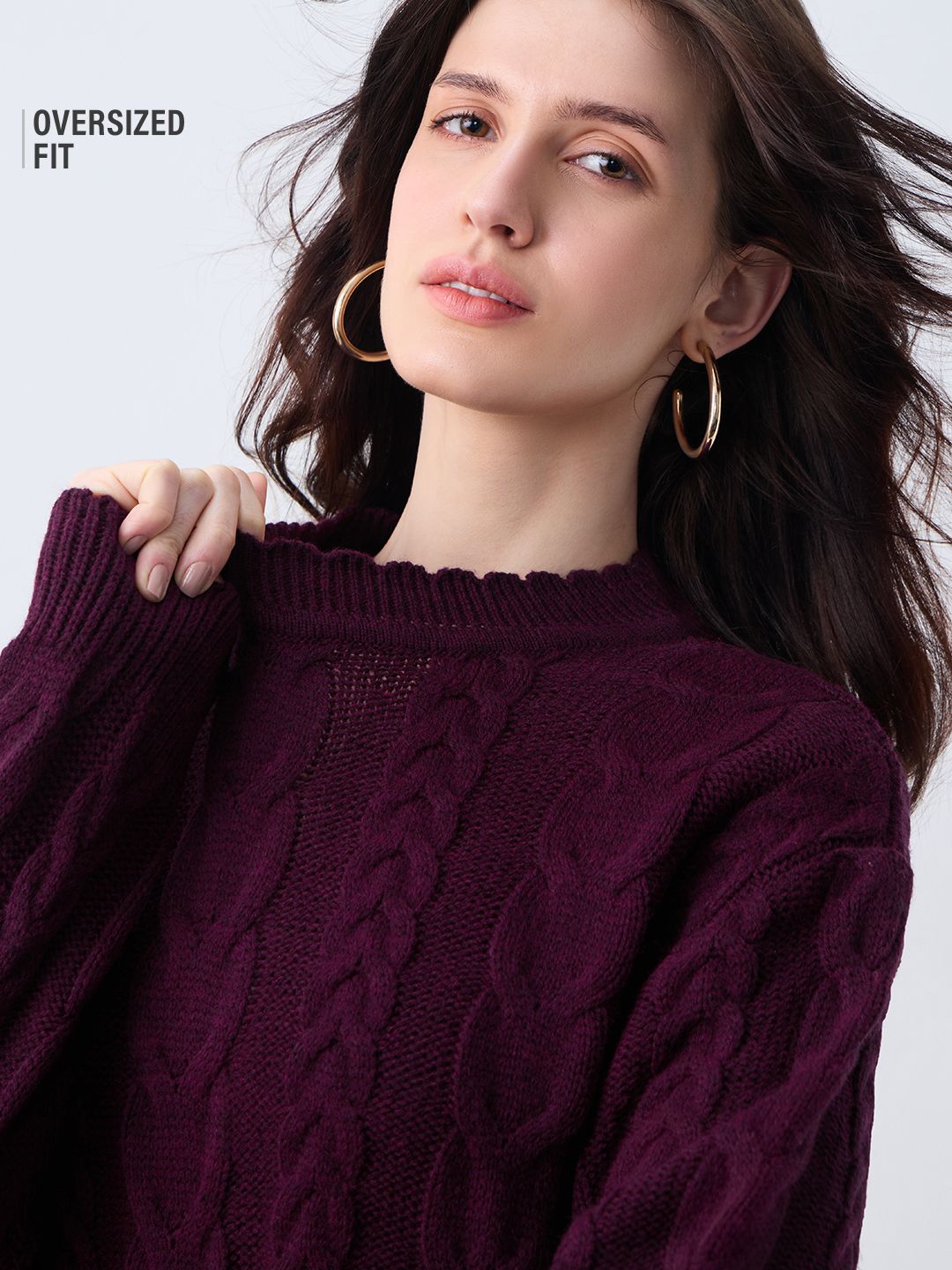 Cable Knit Sweater: Plum Berry Women Oversized Sweaters