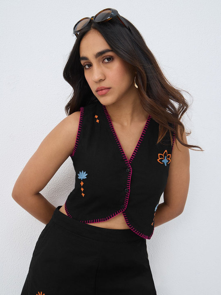 Cotton Linen Vest: Dark Void Women Fashion Tops