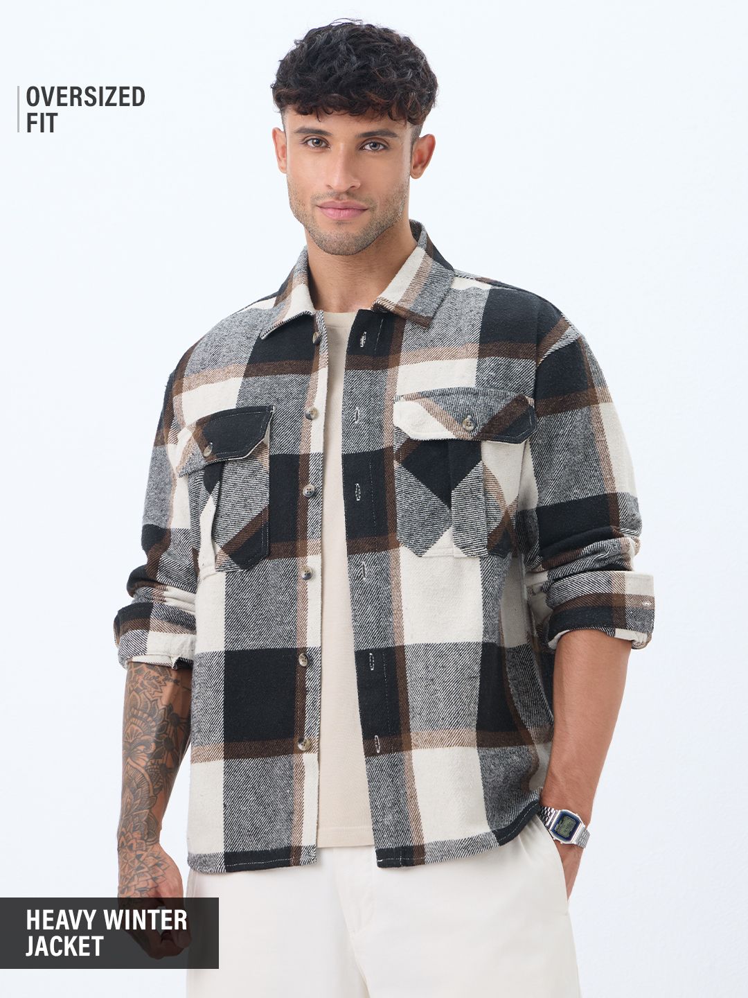 Plaid: Cream, Black Men Flannel Shackets