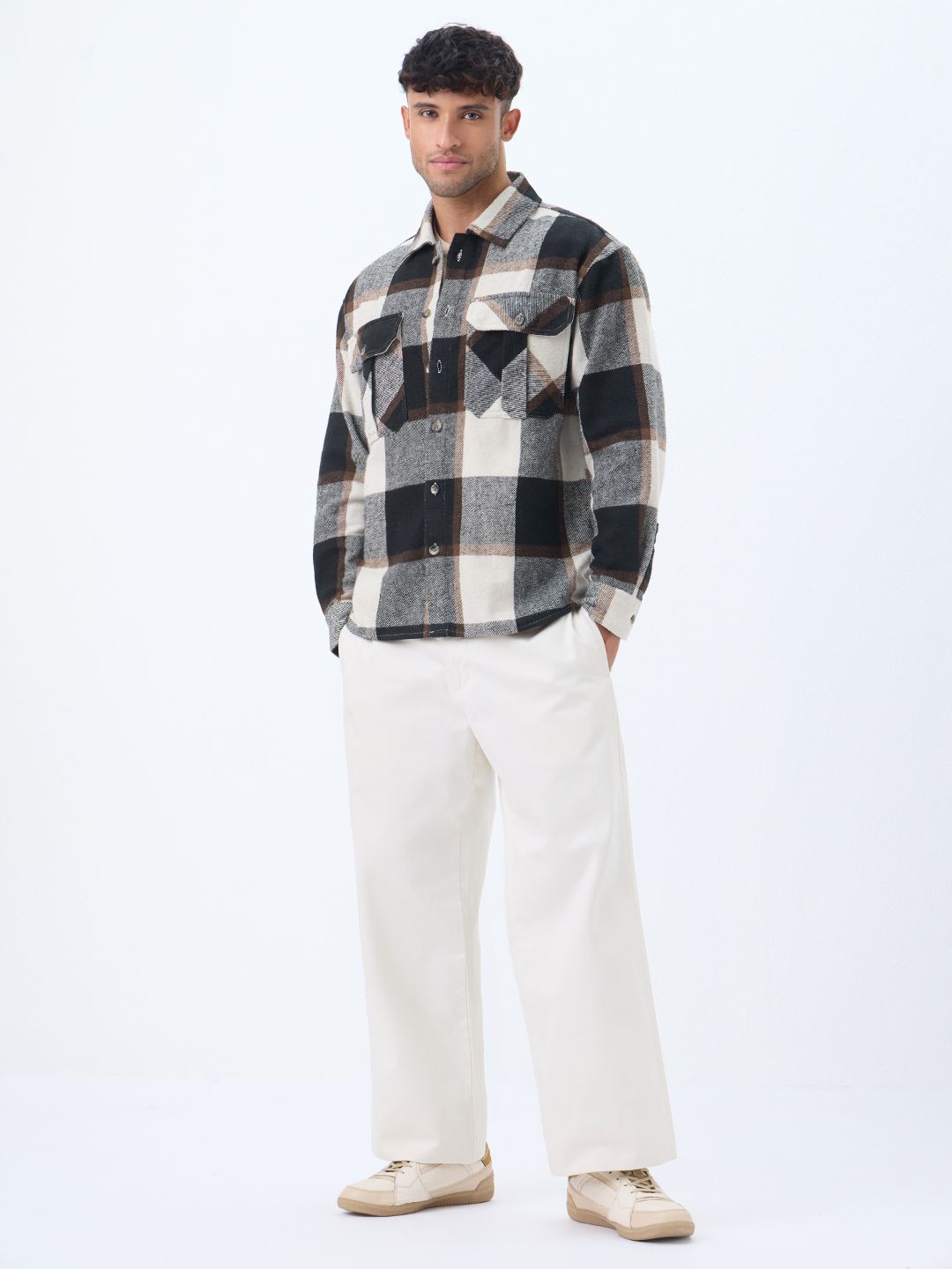 Plaid: Cream, Black Men Flannel Shackets