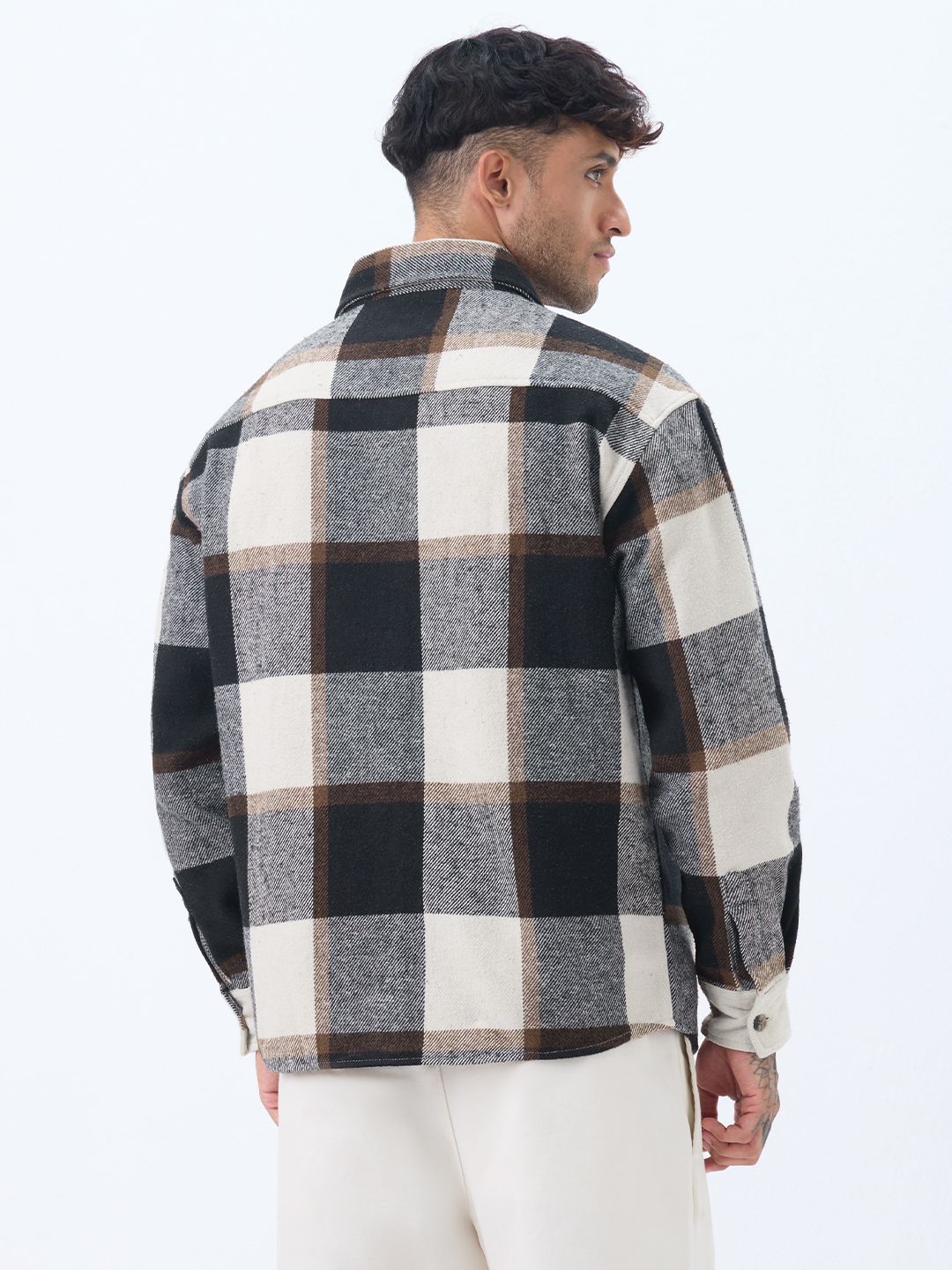 Plaid: Cream, Black Men Flannel Shackets