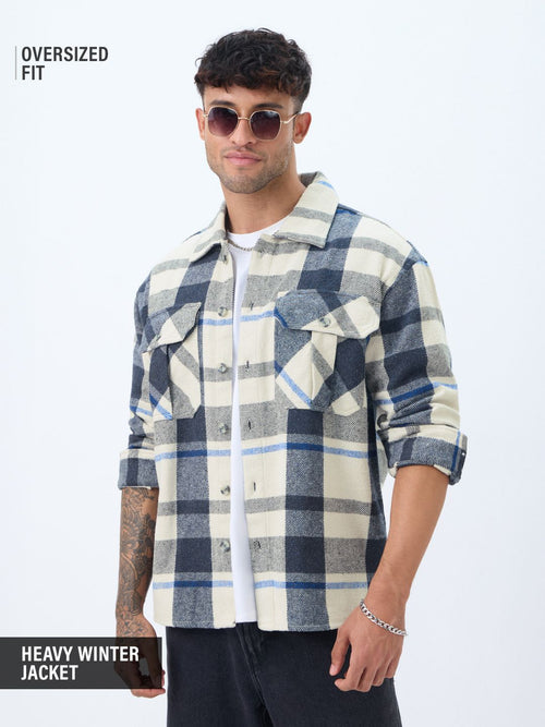 Plaid: Cream, Blue, Grey Men Flannel Shackets