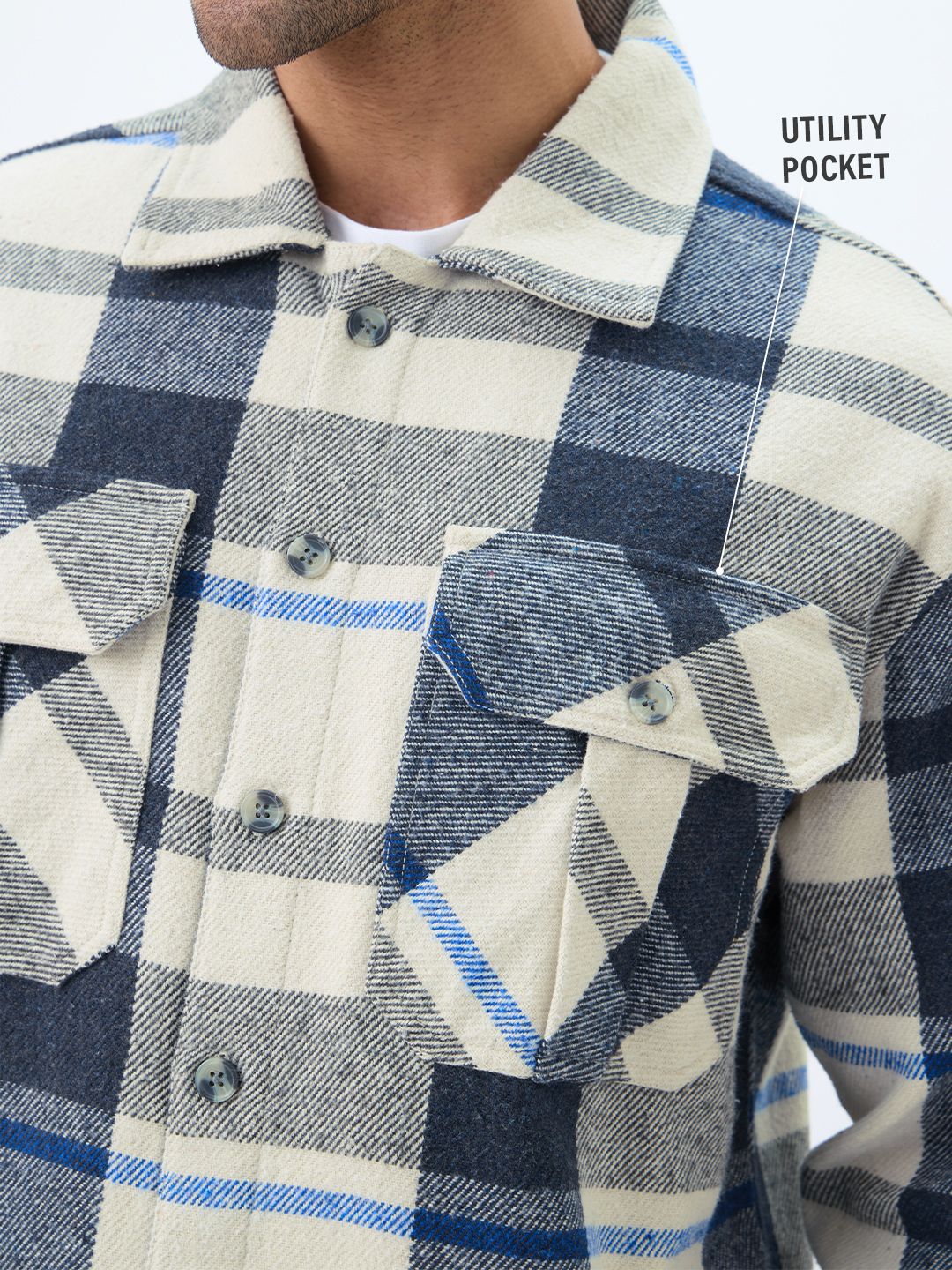 Plaid: Cream, Blue, Grey Men Flannel Shackets
