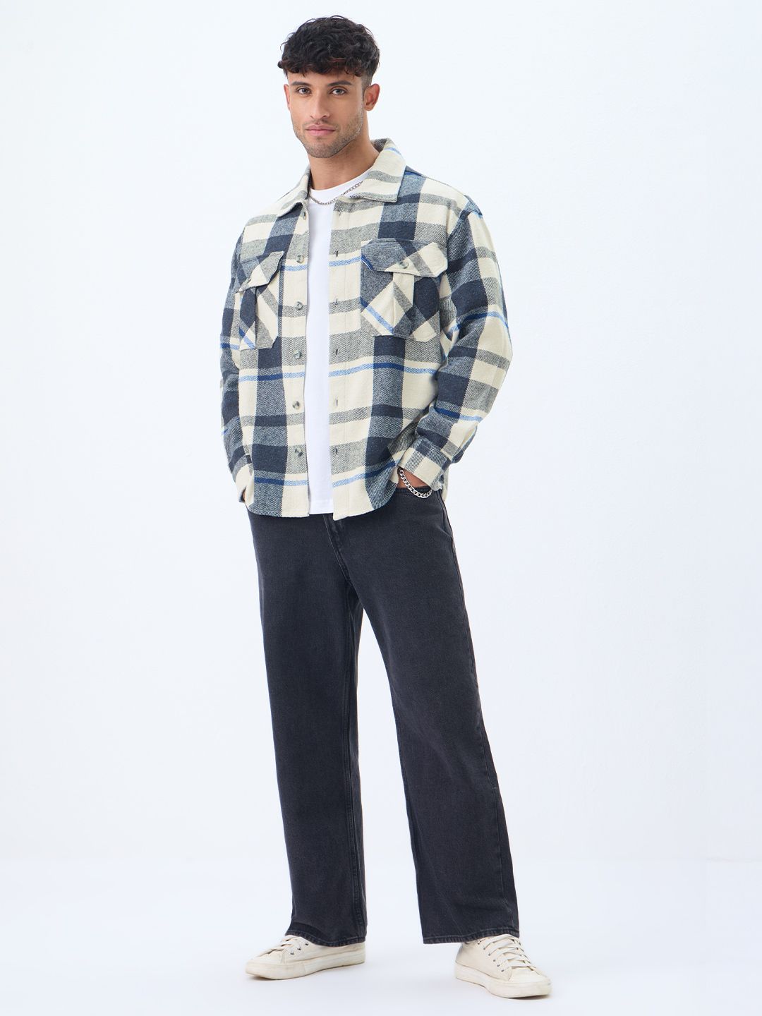 Plaid: Cream, Blue, Grey Men Flannel Shackets