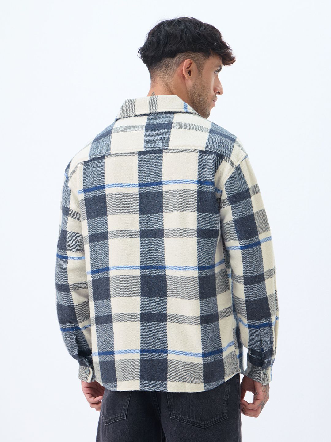 Plaid: Cream, Blue, Grey Men Flannel Shackets