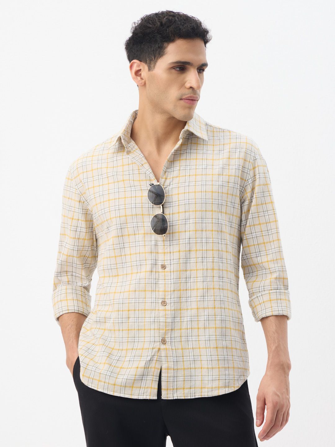 Cotton Linen Checks: Ochretone Cotton Linen Shirts