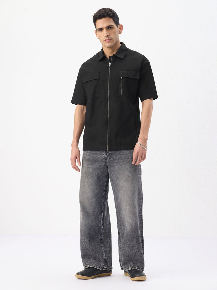 Zipper Shirt: Charcoal Black Oversized Shirts