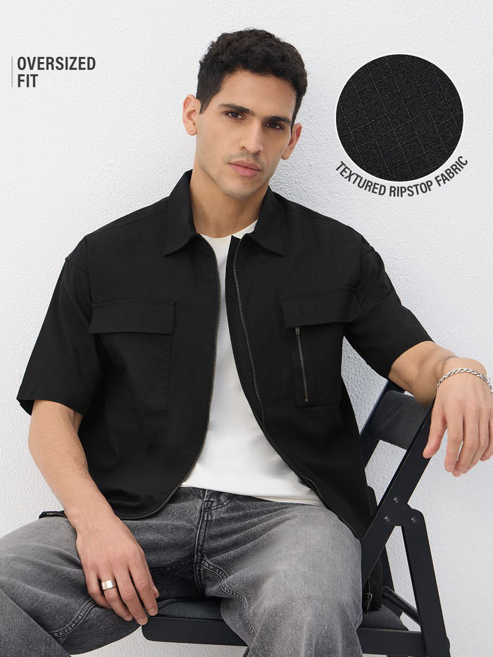 Zipper Shirt: Charcoal Black Oversized Shirts