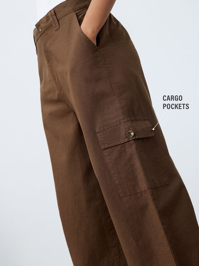 Cotton Linen Pant: Dark Brown Women Straight Pants