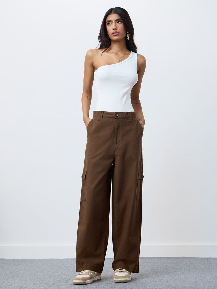 Cotton Linen Pant: Dark Brown Women Straight Pants