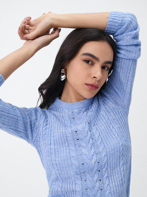 Cable-Knit Sweater: Periwinkle Women Fitted Sweaters