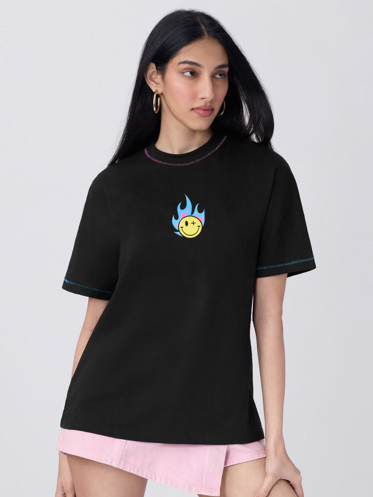 S.W.SMILEY: Blue Flame Women Oversized T-Shirts