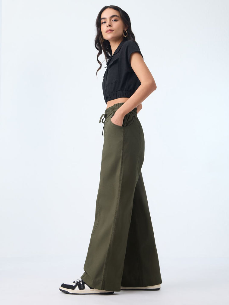 Pull On Pants: Moss Green Women Wide Pants
