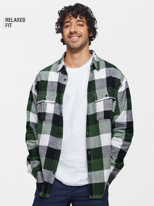 Plaid: Green Black Men Utility Shirts